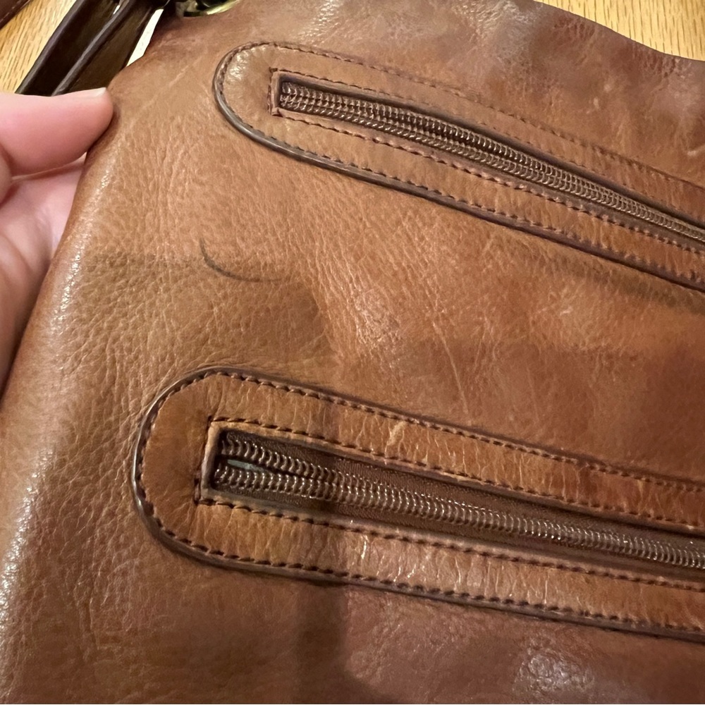 Margot Brown Leather Flat Profile Crossbody Bag Double Zipper - Picture 7 of 7